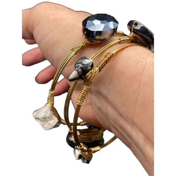 Black and gold tone wire-wrapped bangles adorned with black and white stones set - Picture 2 of 8